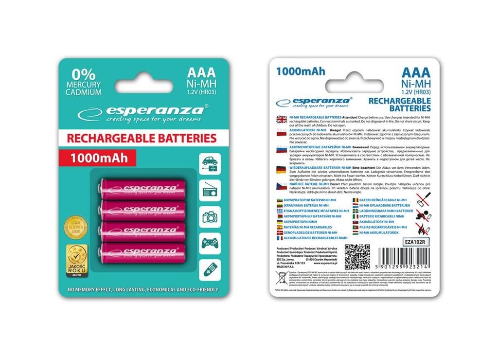 Esperanza Akumulatorki AAA 1000mAh 4szt. czerwone