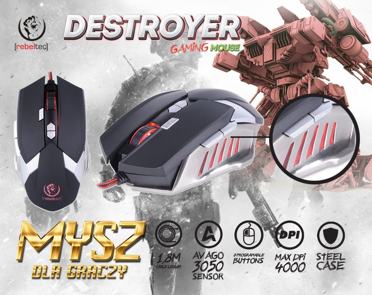 rebeltec Mysz przewodowa DESTROYER optyczna Gaming USB czarna