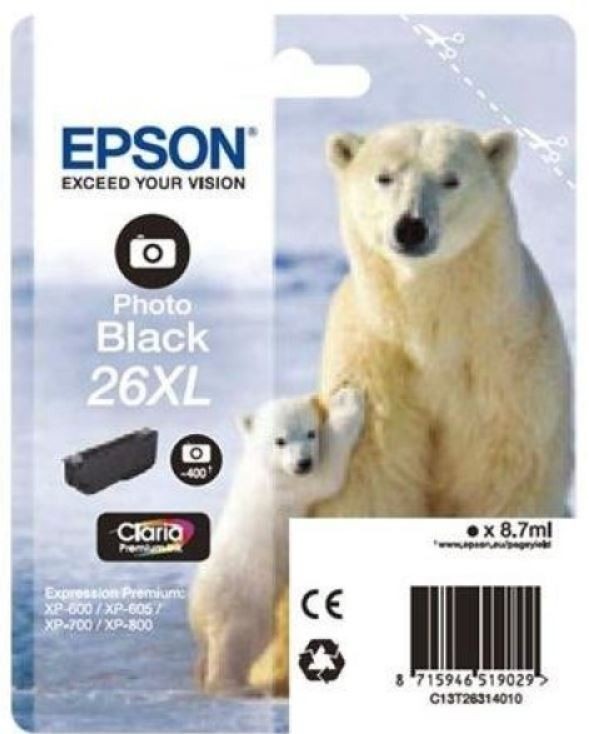 Epson C13T26314012 Tusz T2631 XL photo black Claria 8,7 ml XP-600/700/800