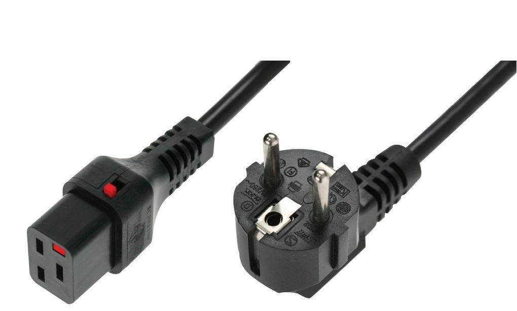 Assmann Kabel połączeniowy zasilający blokada IEC LOCK 3x1,5mm2 Schuko kątowy/C19 prosty M/Ż 2m Czarny