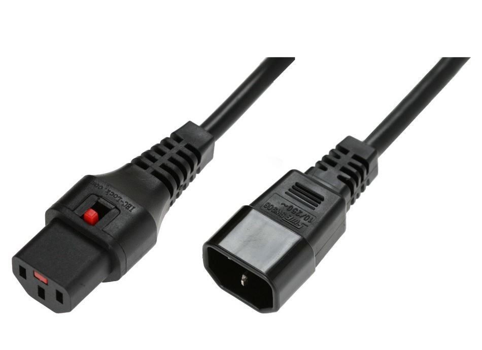 Assmann Kabel przedłużający zasilający blokada IEC LOCK 3x1mm2 C14/C13 prosty M/Ż 2m Czarny