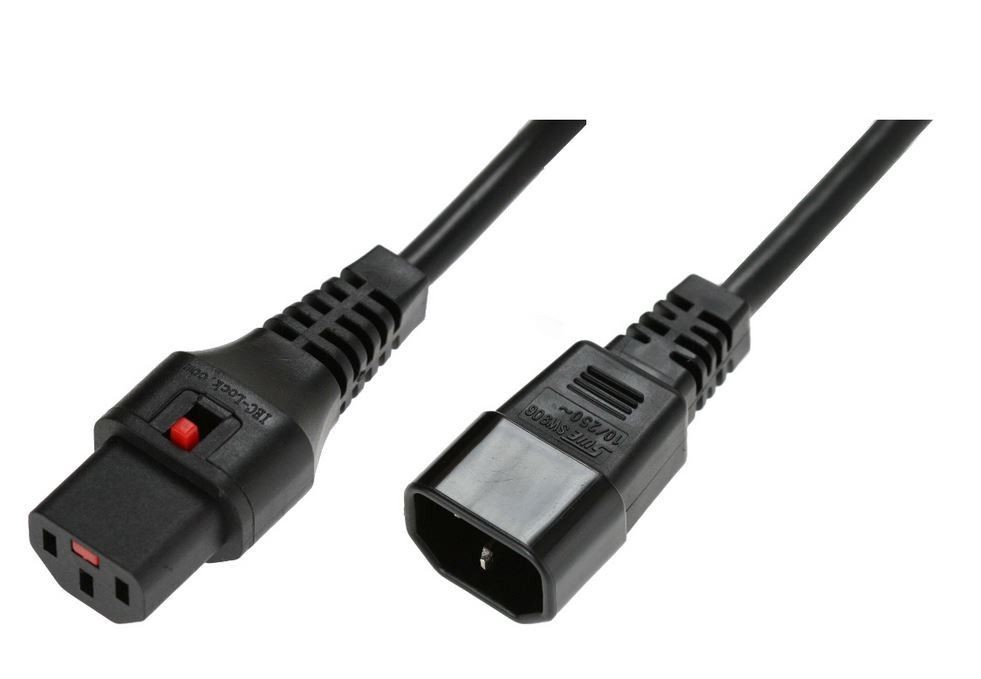 Assmann Kabel przedłużający zasilający blokada IEC LOCK 3x1mm2 C14/C13 prosty M/Ż 3m Czarny