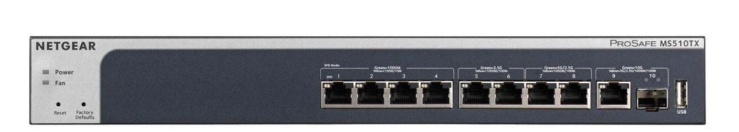 Netgear 8-port multi-gigabit smart managed pro switch with 2x 10G copper/fiber uplinks divided into 2-port RJ-45 multi-GB Eth