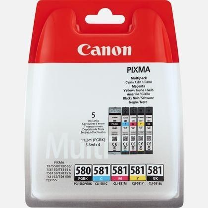 Canon Tintenbehälter PGI-580 / CL-581 B/C/M/Y - 5er Pack - Schwarz / Gelb / Cyan / Magenta / Pigment Dieses 5-Tinten-Multipack beinhaltet einen Tintentank Schwarz, einen Cyan, einen Magenta, einen Gelb