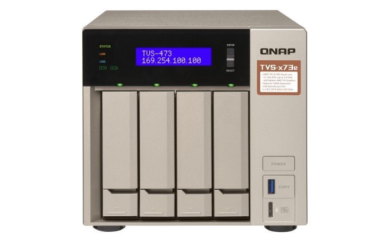 QNAP 4-Bay NAS, AMD RX-421BD 2.1~3.4 GHz, 4GB DDR4 RAM (max 64GB) , 4x 2.5/3.5 + 2x M.2 2280/2260 SATA 6Gb/s slots, 4x GbE LAN, optional 10GbE PCIe expansion, LCD, Surveillance Station free 4 & max 72 channels, USB QuickAccess