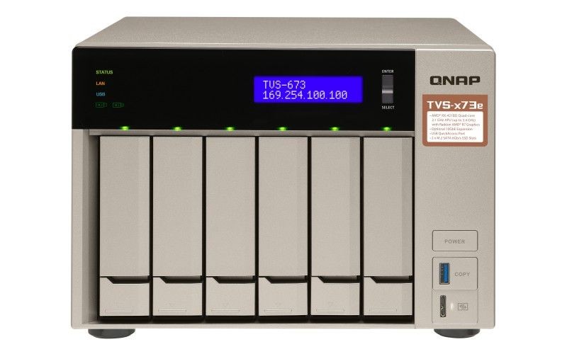 QNAP 6-Bay NAS, AMD RX-421BD 2.1~3.4 GHz, 8GB DDR4 RAM (max 64GB), 6x 2.5/3.5 + 2x M.2 2280/2260 SATA 6Gb/s slots, 4x GbE LAN, optional 10GbE PCIe expansion, LCD, Surveillance Station free 4 & max 72 channels, USB QuickAccess