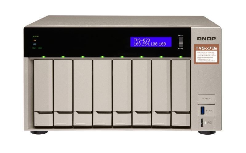 QNAP 8-Bay NAS, AMD RX-421BD 2.1~3.4 GHz, 8GB DDR4 RAM (max 64GB), 8x 2.5/3.5 + 2x M.2 2280/2260 SATA 6Gb/s slots, 4x GbE LAN, optional 10GbE PCIe expansion, LCD, Surveillance Station free 4 & max 72 channels, USB QuickAccess