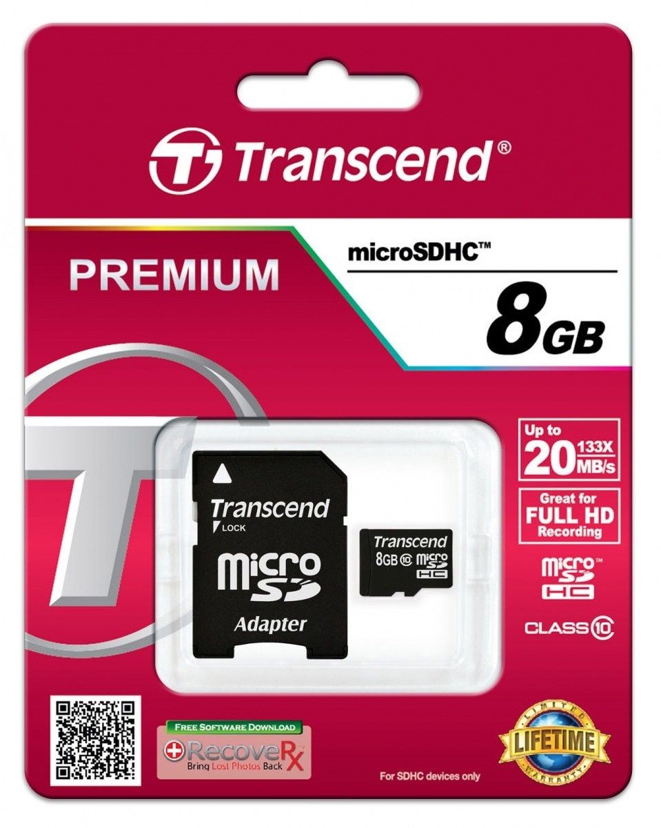 Transcend TS8GUSDHC10 karta pamięci Micro SDHC 8GB Class 10 + adapter ( 20MB/s / Full HD )