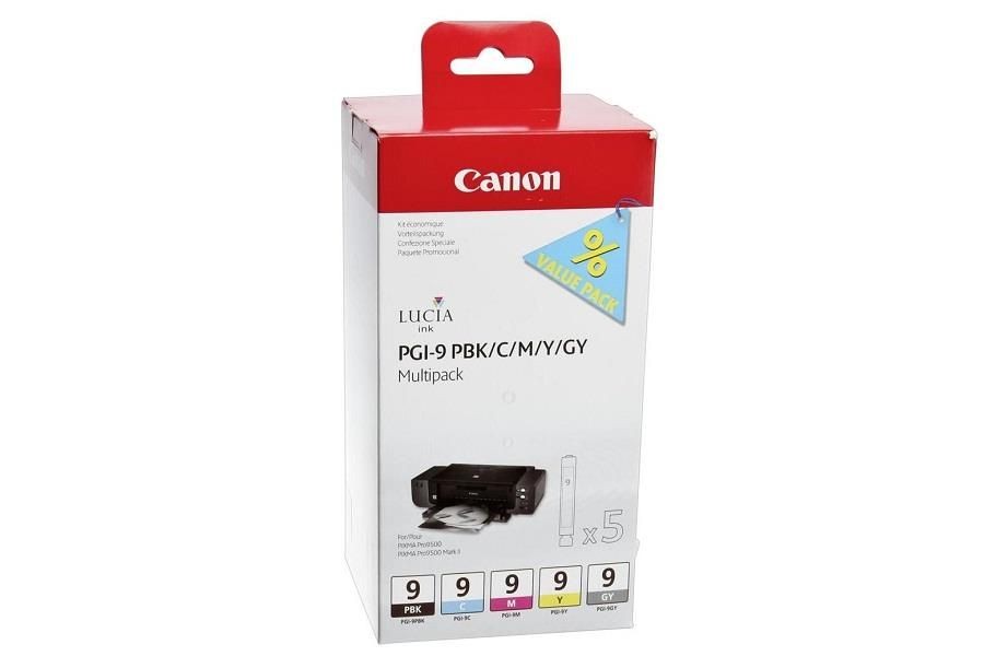 Canon 1LB PGI-9 PBK C M Y GY ink cartridge black and four colour standard capacity combopack blister with alarm