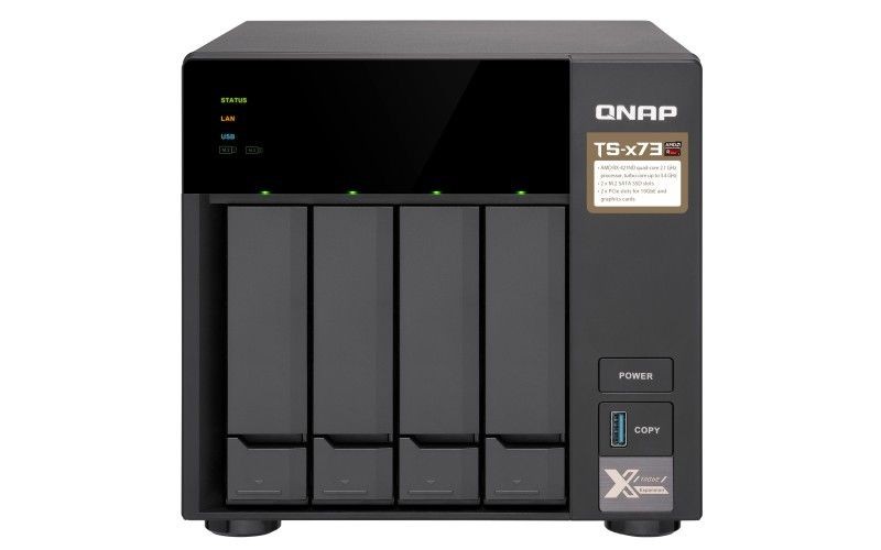 QNAP 4-Bay NAS, AMD RX-421ND 2.1~3.4 GHz, 8GB DDR4 RAM (max 64GB), 8x 2.5/3.5 + 2x M.2 2280/2260 SATA 6Gb/s slots, 4x GbE LAN, optional 10GbE PCIe expansion, Surveillance Station free 4 & max 72 channels