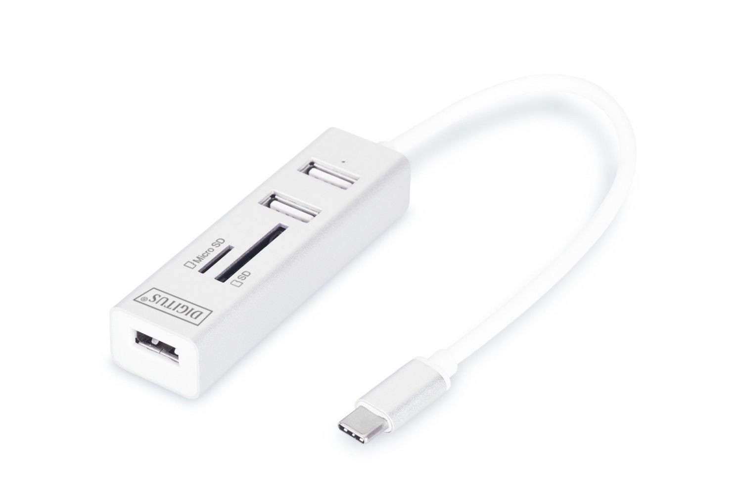 Digitus HUB/Koncentrator 3-portowy OTG USB Typ C, USB 2.0 HighSpeed czytnik kart SD/Micro SD, aluminium