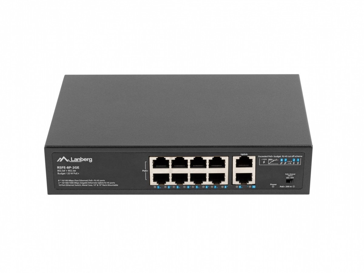 LANBERG Swich 8X100MB POE+/2X 1GB rack RSFE-8P-2GE-120