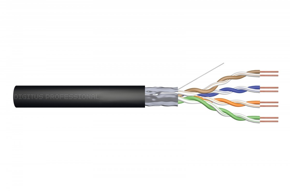 Digitus Kabel teleinformatyczny instalacyjny zewnętrzny żelowany kat.6, F/UTP, Fca, drut, AWG 23/1, PE, 305m, szpula Czarny