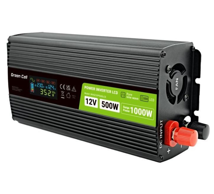 Green Cell Przetwornica LCD 12V 500W/1000W Czysty sinus z wyświetlaczem