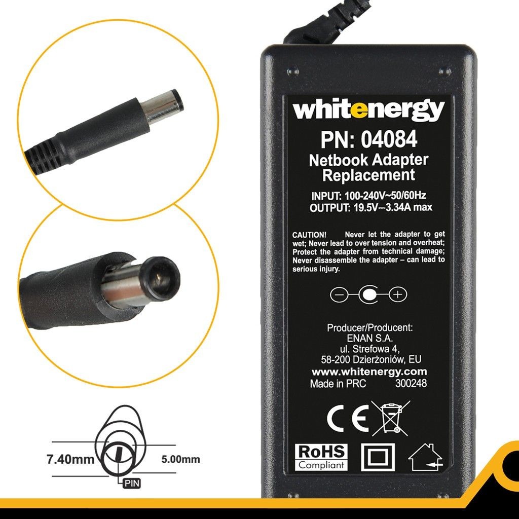 Whitenergy Zasilacz 19.5V | 3.34A 65W wtyk 7.4*5.0mm + pin Dell 04084