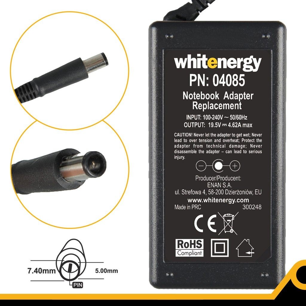 Whitenergy Zasilacz 19.5V | 4.62A 90W wtyk 7.4*5.0mm + pin Dell (04085)