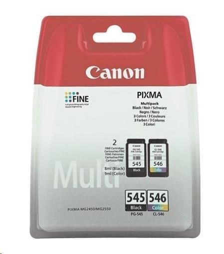 Canon Tintenbehälter PG-545 / CL-546 - 2er Pack - Schwarz, Farbe (Cyan, Magenta, Gelb) Dieses Multipack enthält eine 8 ml Patrone mit schwarzer Tinte und eine 8 ml Farbpatrone und bietet 