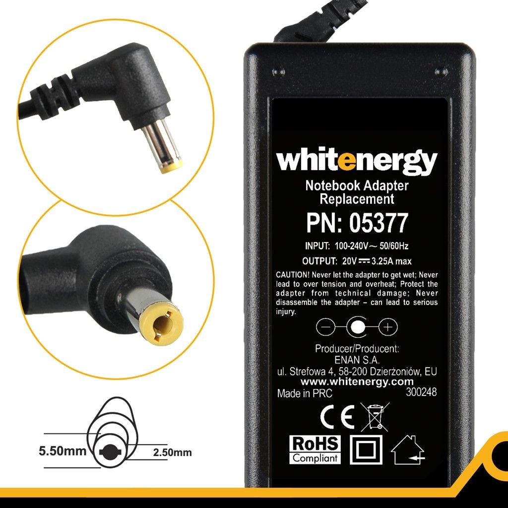 Whitenergy Zasilacz Power Supply/ 20V 3.25A plug 5.5x2.5 mm