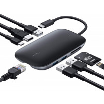 AUKEY CB-C71 aluminiowy HUB USB-C | 8w1 | RJ45 Ethernet 10/100/1000Mbps | 3xUSB 3.1 | HDMI 4k@30Hz | SD i microSD | USB-C Power Delivery 100W