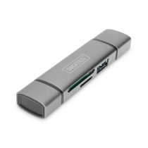 Digitus Czytnik kart 3-portowy USB Typ C/ USB 3.0 SuperSpeed SD Micro SD HQ aluminium Szary
