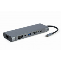 Gembird Hub USB-C HDMI DP VGA 4xUSB 3.1 USB-C PD audio card reader GbE