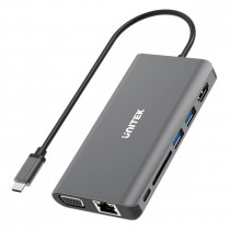 Unitek HUB 8-w-1 USB-C 3.1, HDMI, VGA, RJ45, SD, PD 100W, D1019B