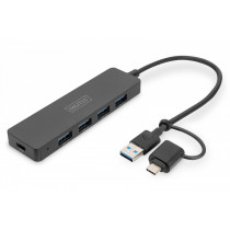Digitus Hub USB 3.0/Koncentrator 4-portowy SlimLine USB A + adapter USB-C 5Gbps, złącze zasilania USB-C
