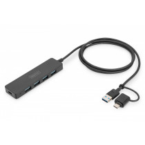 Digitus Hub USB 3.0/Koncentrator 4-portowy SlimLine USB A + adapter USB-C 1,2m 5Gbps, złącze zasilania USB-C