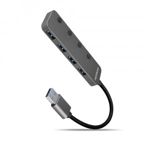 AXAGON HUE-MSA Hub 4-portowy USB 3.2 Gen 1 switch, metalowy, 20cm USB-A kabel, microUSB dodatkowe zasilanie