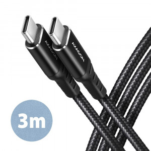 AXAGON BUCM-CM30AB Kabel USB-C - USB-C 2.0, 3m, PD 60W, 3A, ALU, oplot, Czarny