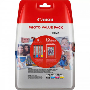 Canon 1LB CLI-571 Value Pack Blister 4x6 Phot Paper PP-201 50sheets + Cyan Magenta Yellow & Photo Black ink tanks